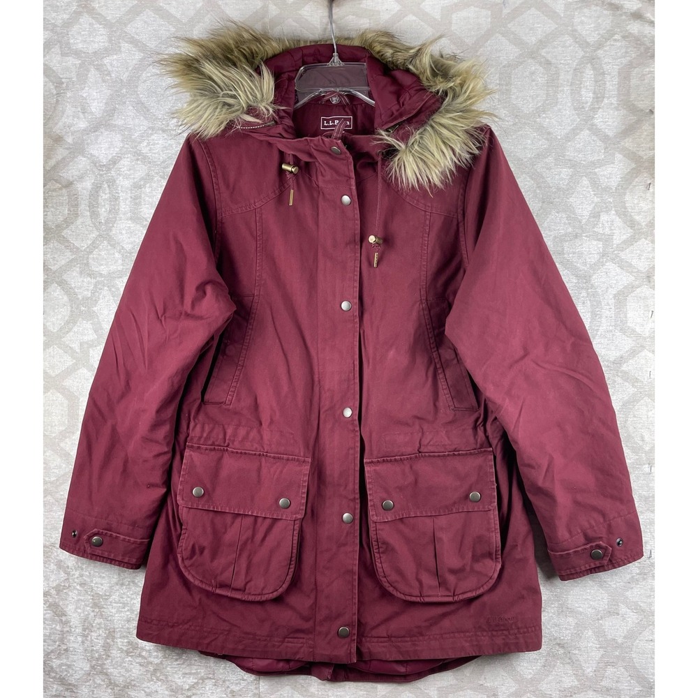 LL Bean East End Parka Women M Petite Burgundy Faux Fur Hood Cotton Jacket